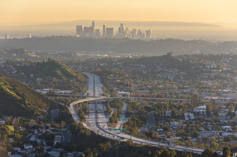 Downtown Los Angeles skyline at sunset